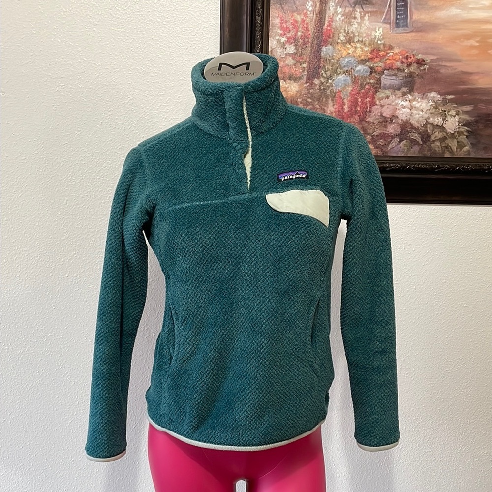 Patagonia Re-Tool Snap-T Fleece Pullover Teal Cream Sweatshirt Pockets Jacket